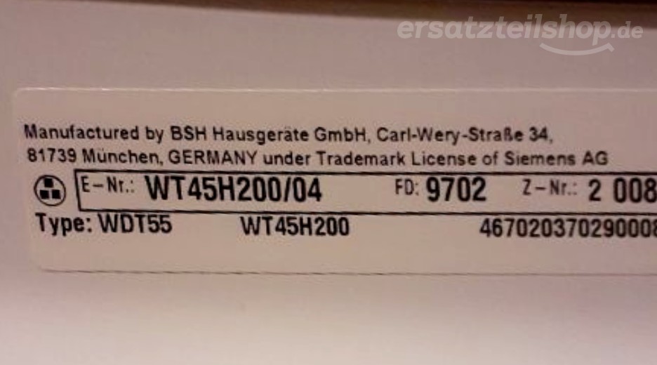 Typenschild Siemens WT45H200/04