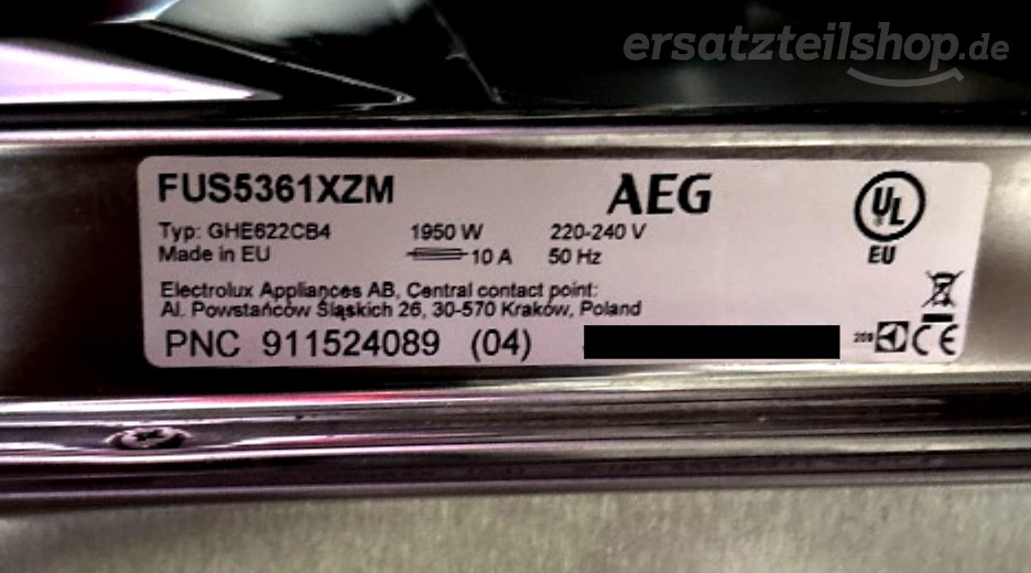 Typenschild AEG FUS5361XZM 91152408904