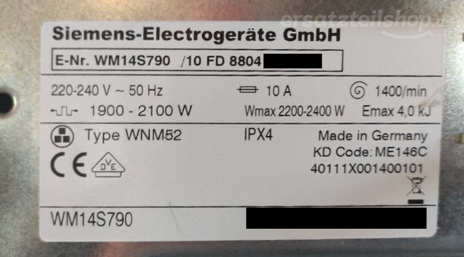 Typenschild Siemens AquaSensor extraKLASSE S 14-79 WM14S790/10