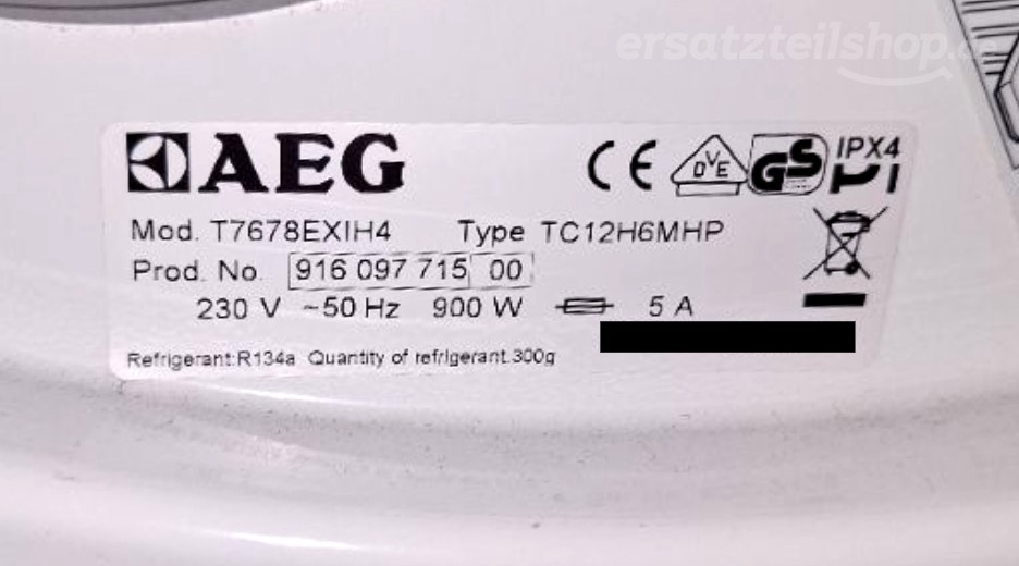 Typenschild AEG T7678EXIH4 91609771500