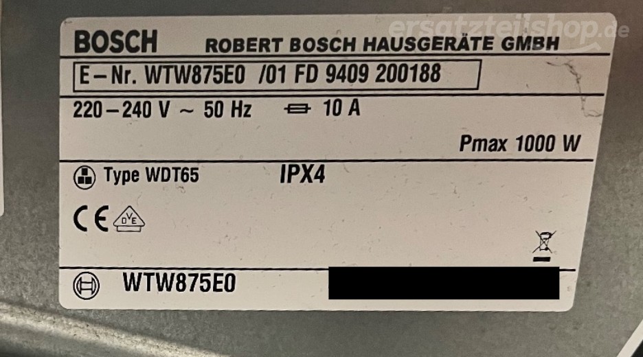 Typenschild Bosch WTW875E0/01
