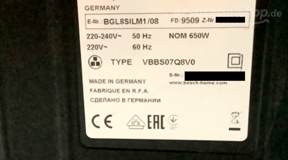 Typenschild Bosch BGL8SILM1/08