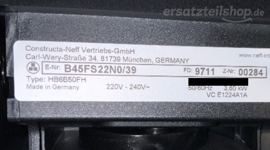 Typenschild Neff B45FS22N0/39