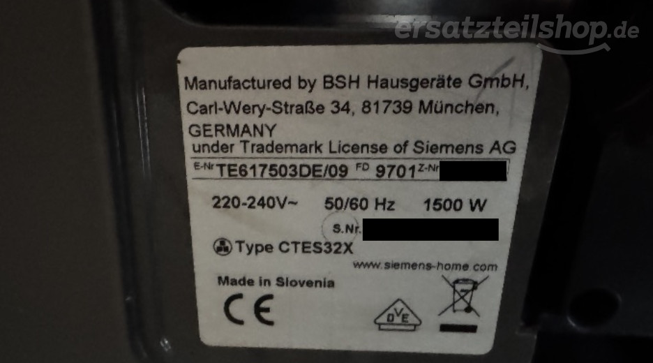 Typenschild Siemens TE617503DE/09