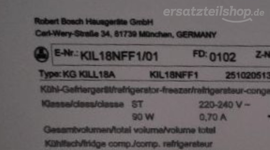 Typenschild Bosch  KIL18NFF1/01