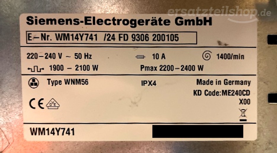 Typenschild Siemens WM14Y741/24