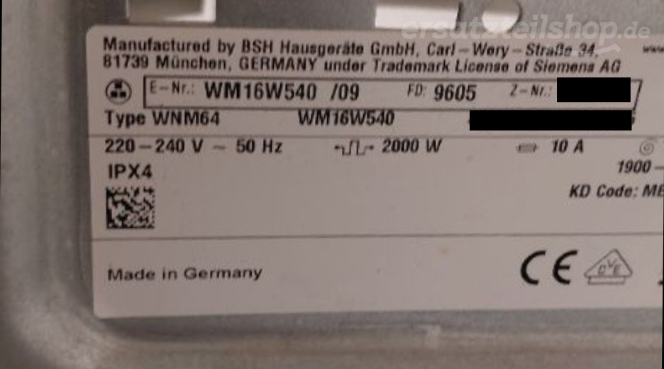 Typenschild Siemens WM16W540/09