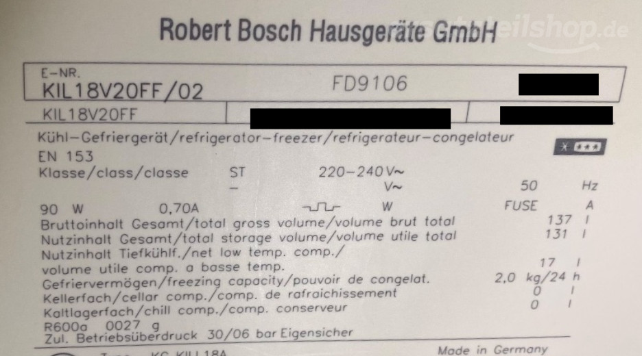 Typenschild Bosch KIL18V20FF/02