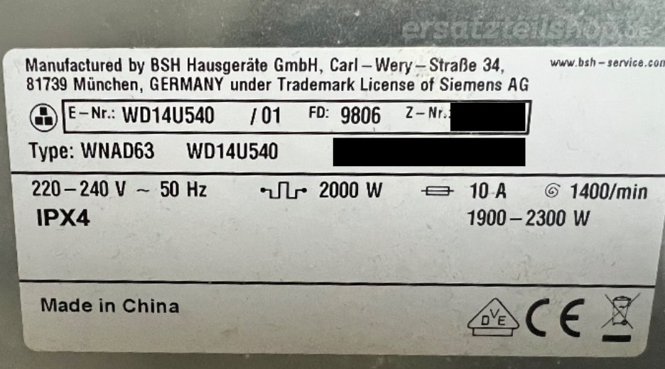 Typenschild Siemens WD14U540/01