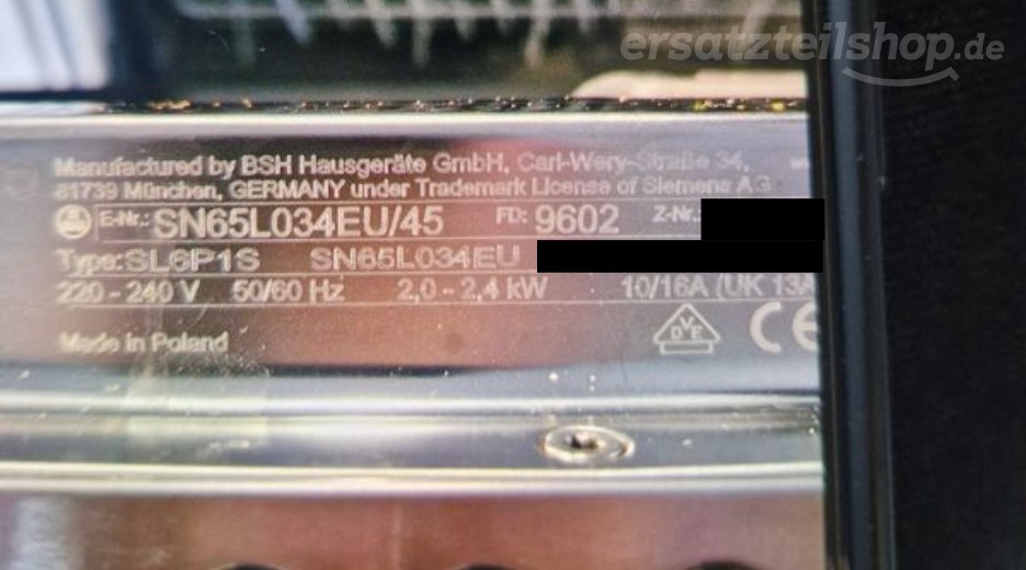 Typenschild Siemens SN65L034EU/45