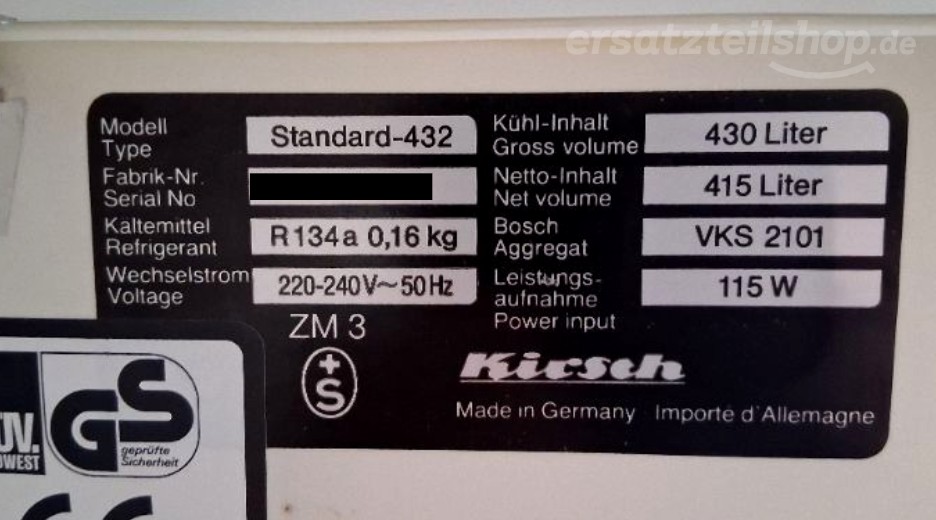 Typenschild Kirsch STANDARD-432(00)