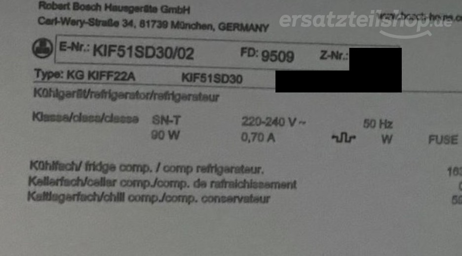 Typenschild Bosch KIF51SD30/02