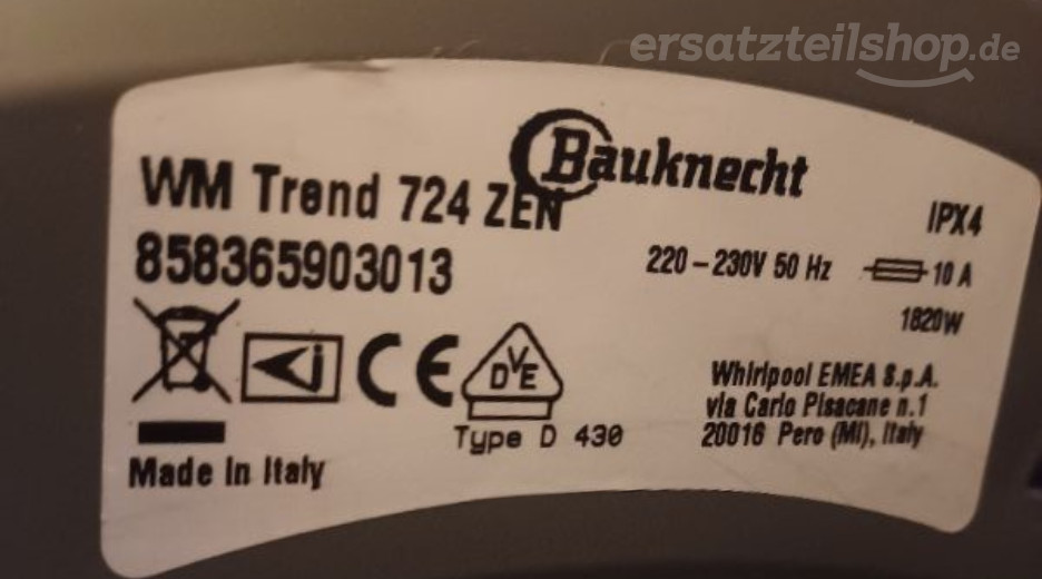 Typenschild Bauknecht WM Trend 724 ZEN 858365903013