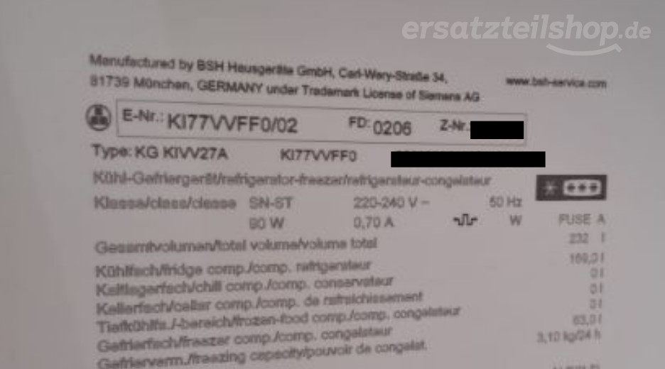 Typenschild Siemens KI77VVFF0/02