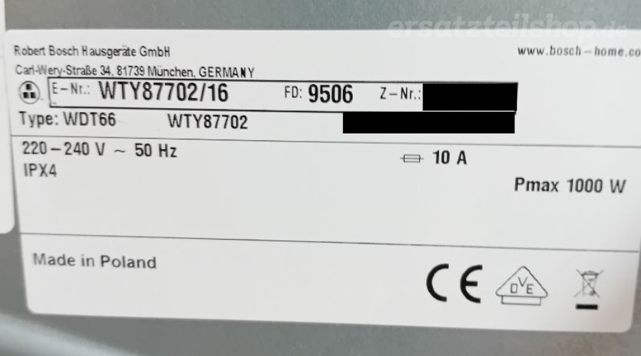 Typenschild Bosch WTY87702/16