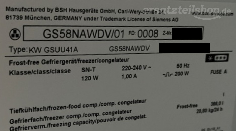 Typenschild Siemens GS58NAWDV/01