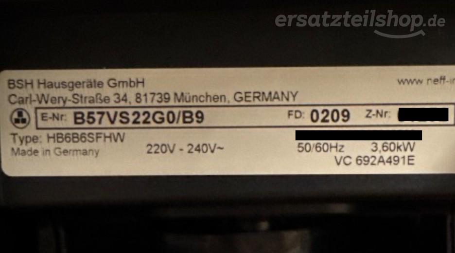 Typenschild Neff B57VS22G0/B9