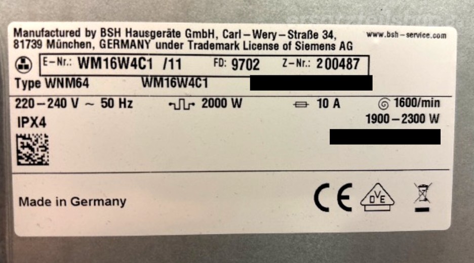 Typenschild Siemens WM16W4C1/11
