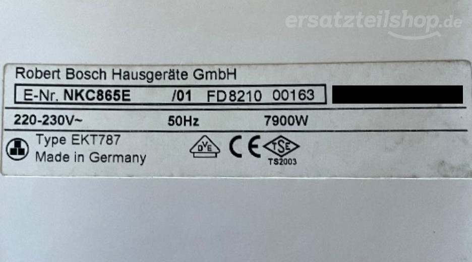 Typenschild Bosch NKC865E/01