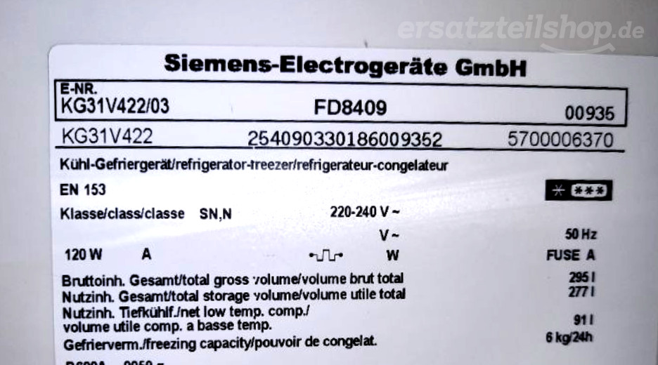 Typenschild Siemens  KG31V422/03