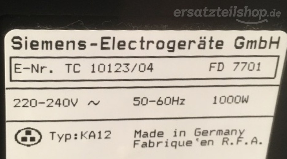 Typenschild Siemens TC10123/04