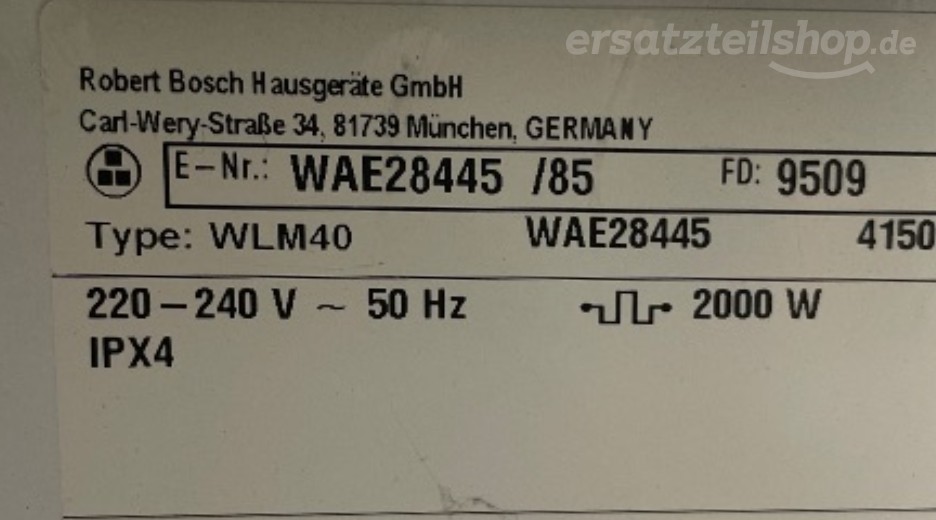 Typenschild Bosch WAE28445/85