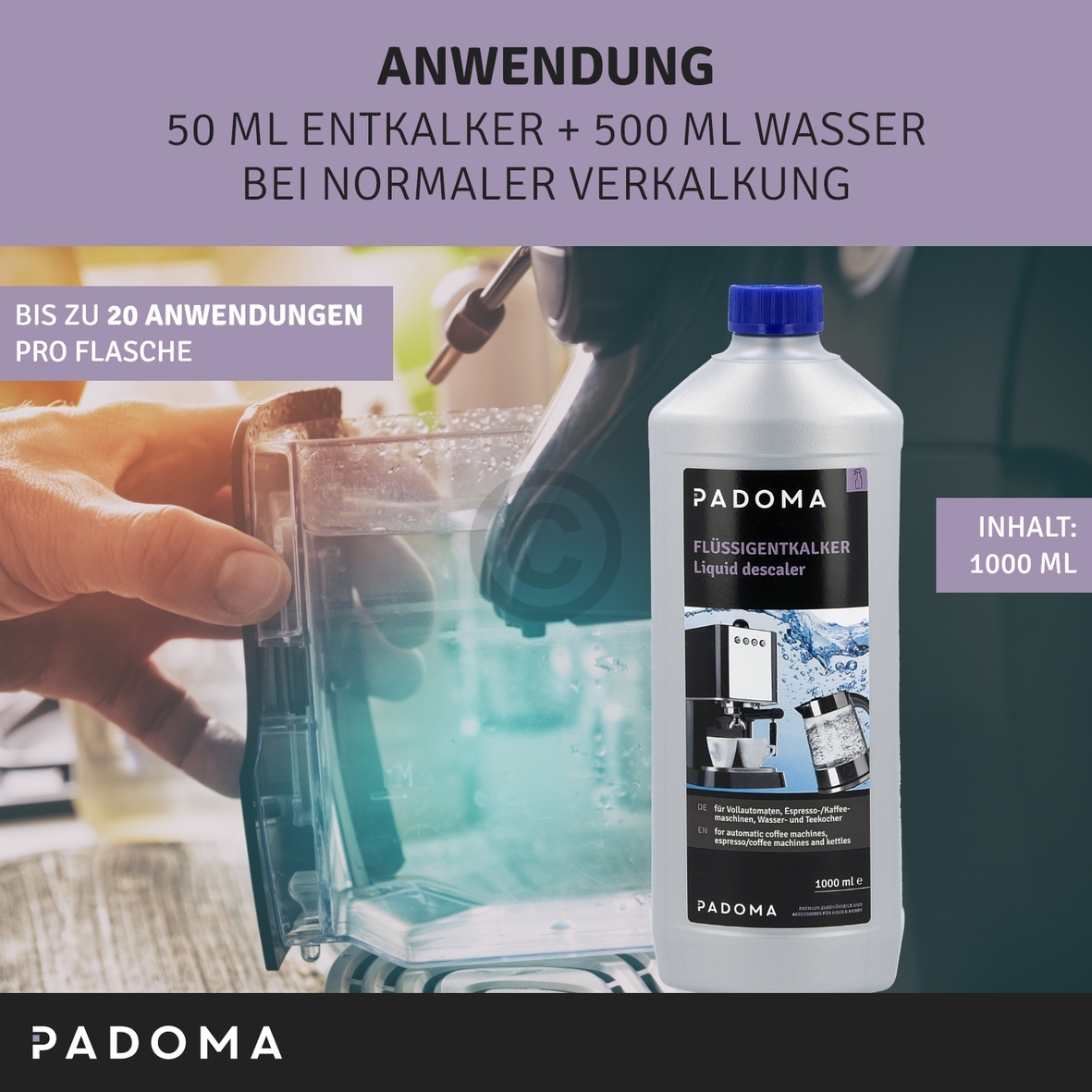 Flüssigentkalker PADOMA 10090133 für Kaffeemaschine Wasserkocher 1000ml