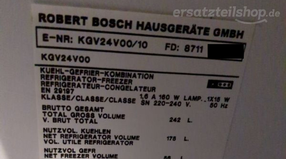 Typenschild Bosch KGV24V00/10