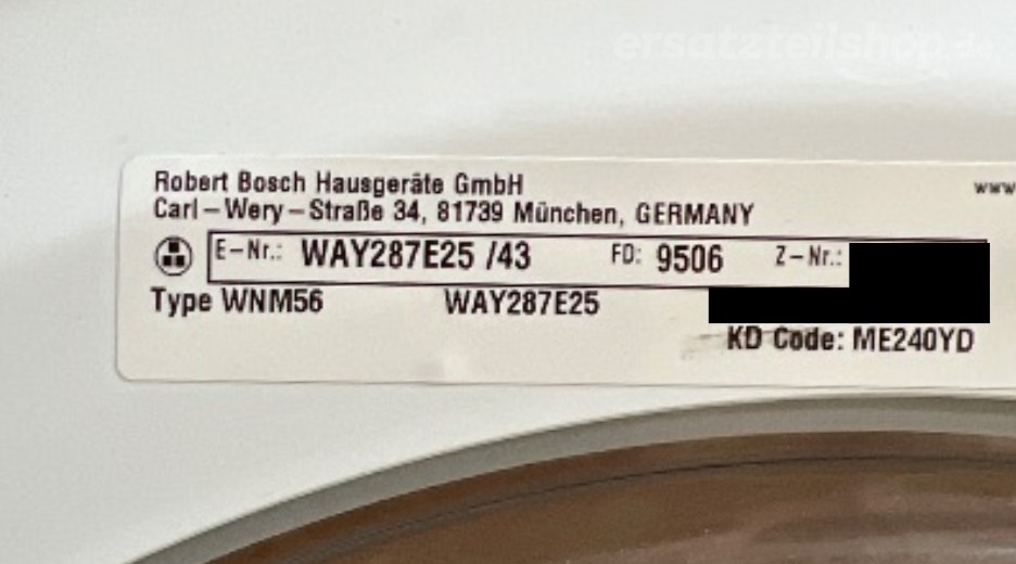 Typenschild Bosch WAY287E25/43