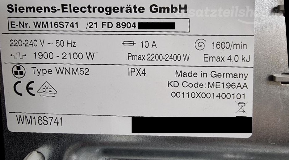 Typenschild Siemens WM16S741/21
