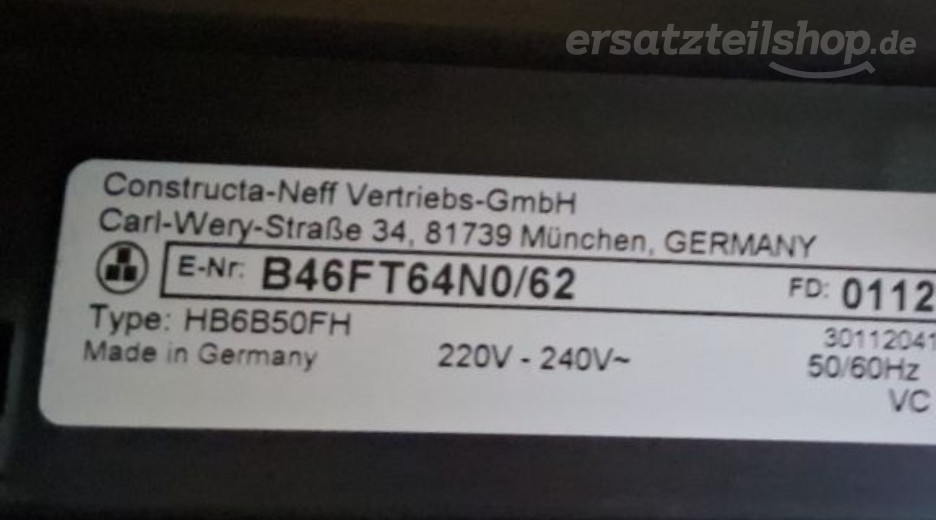 Typenschild Neff B46FT64N0/62