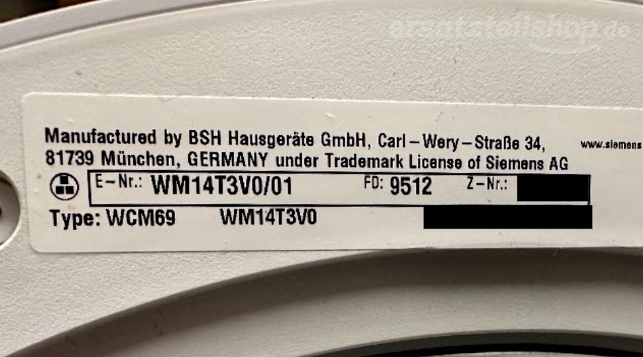 Typenschild Siemens WM14T3V0/01