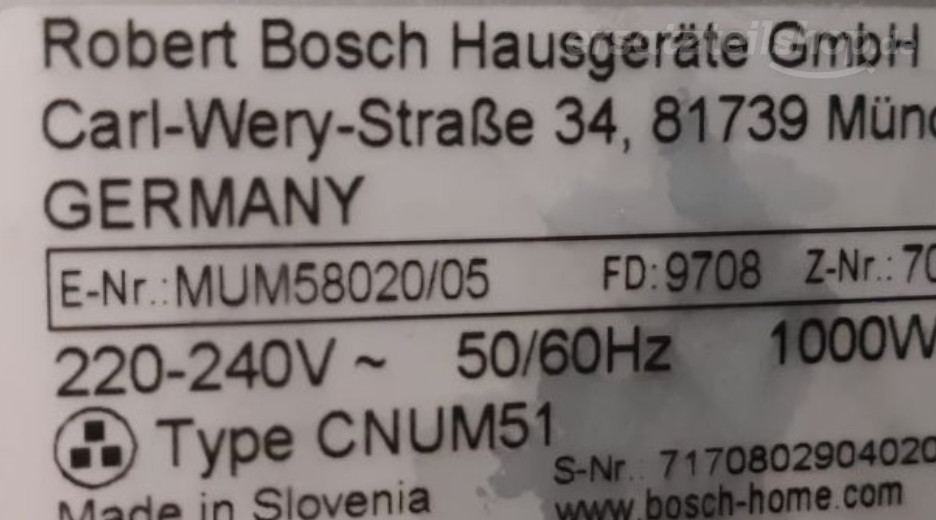 Typenschild Bosch MUM58020/05
