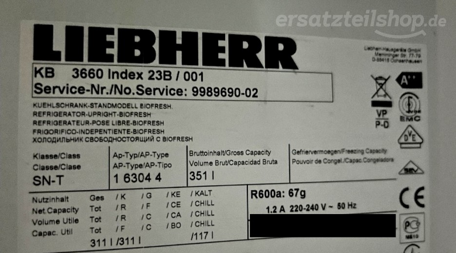 Typenschild Liebherr KB366023B KB 3660-23 B