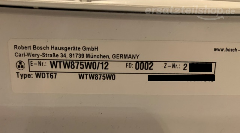 Typenschild Bosch WTW875W0/12