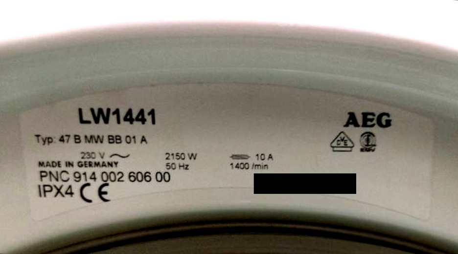 Typenschild AEG LAVW1441 91400260600