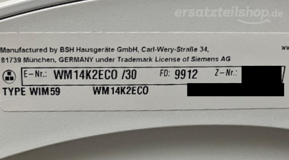 Typenschild Siemens WM14K2ECO/30