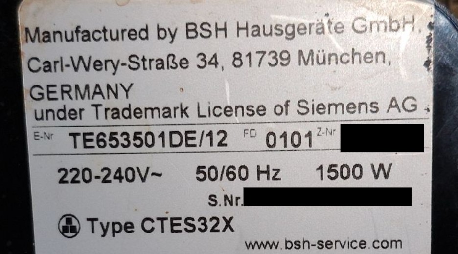 Typenschild Siemens TE653501DE/12