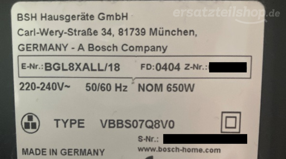 Typenschild Bosch BGL8XALL/18