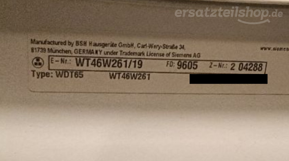 Typenschild Siemens WT46W261/19