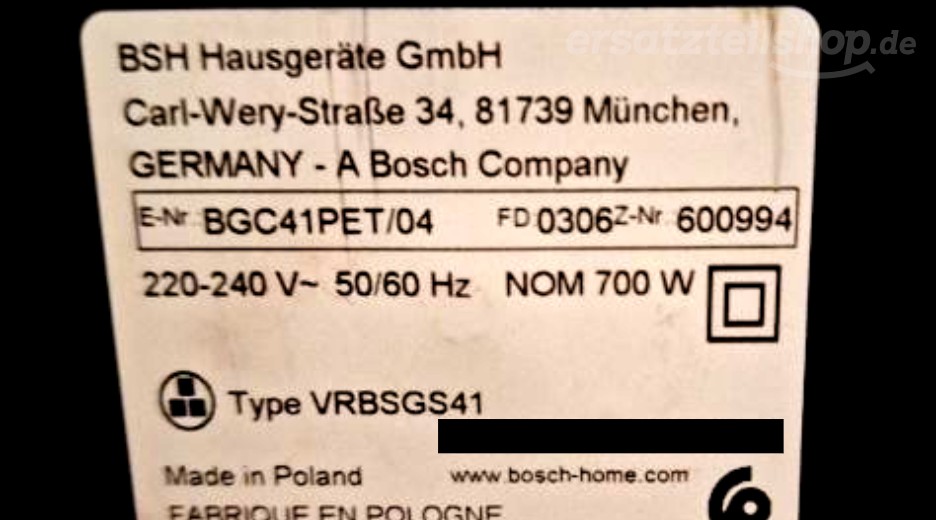 Typenschild Bosch BGC41PET/04