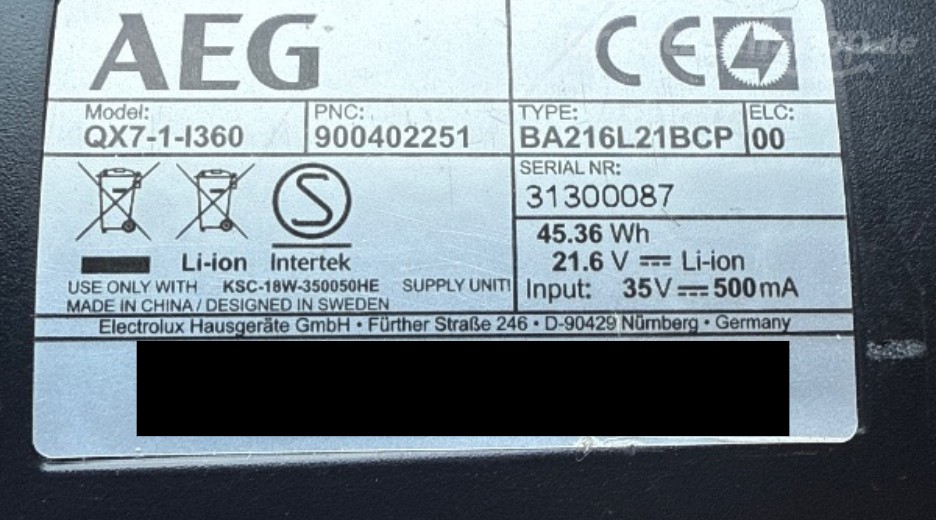 Typenschild AEG QX7-1-I360 90040225100