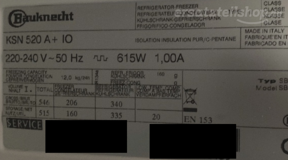 Typenschild Bauknecht KSN 520 A+ IO 855051401041