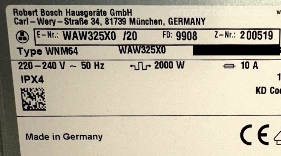Typenschild Bosch WAW325X0/20