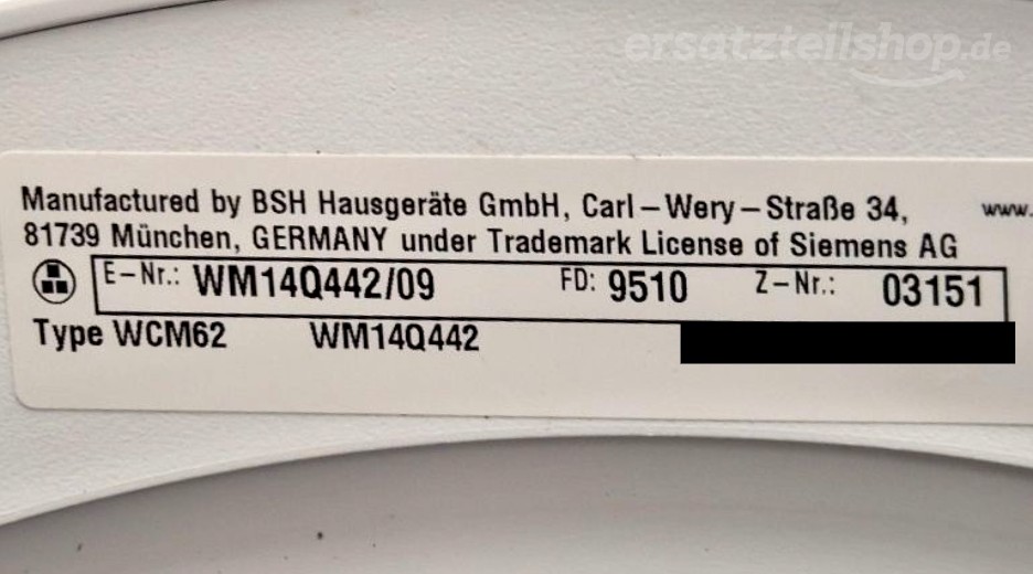 Typenschild Siemens WM14Q442/09