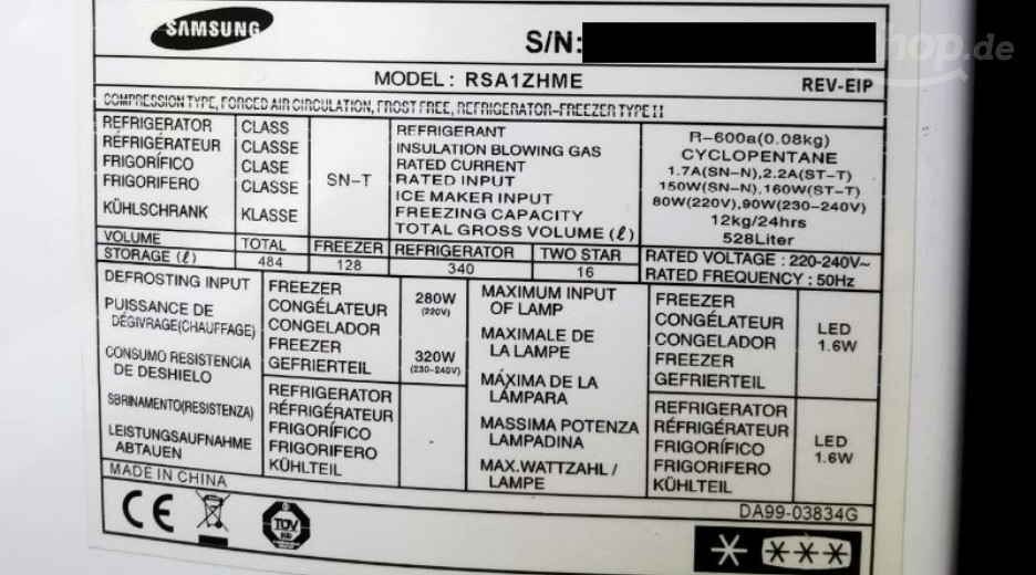 Typenschild Samsung RSA1ZHME1/XEG
