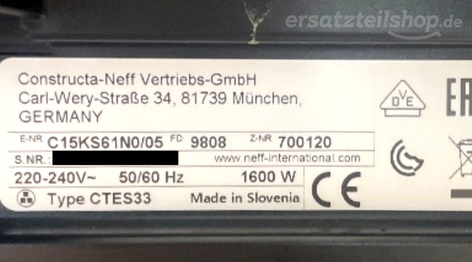Typenschild Neff C15KS61N0/05