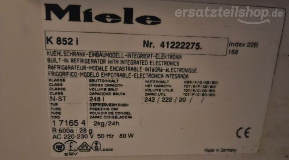 Typenschild Miele K 852 i K852I