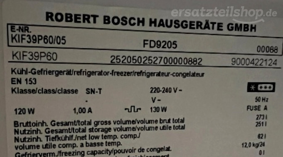 Typenschild Bosch  KIF39P60/05