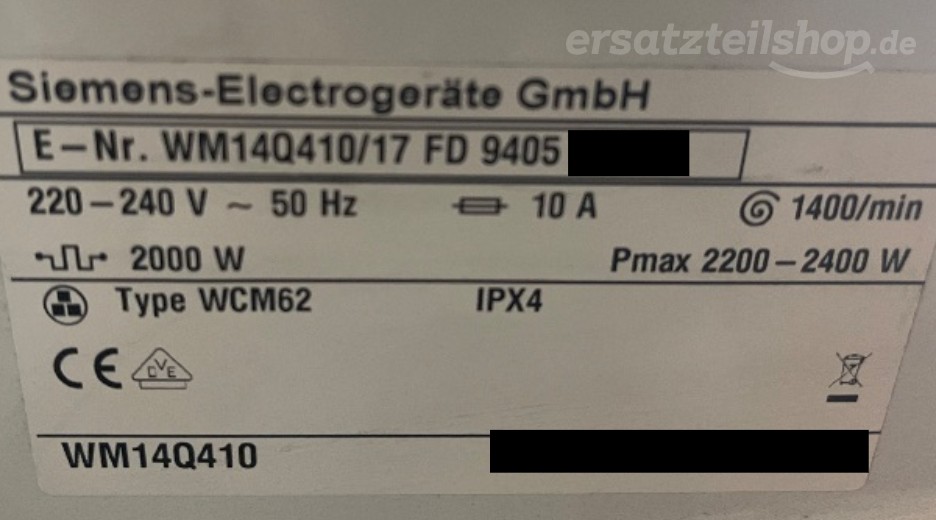 Typenschild Siemens WM14Q410/17